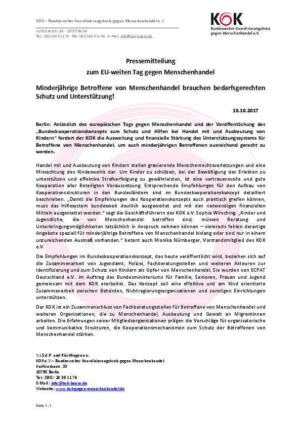 KOK Pressemitteilung EU Tag gegen Menschenhandel