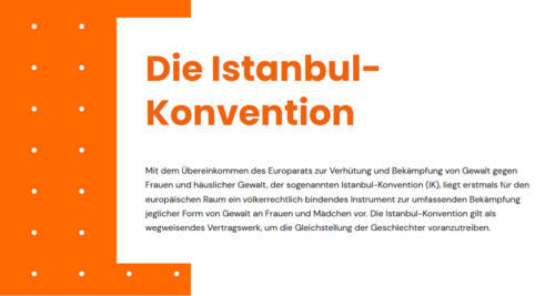 Textauszug Istanbul-Konvention: Mit dem &Uuml;bereinkommen des Europarats zur Verh&uuml;tung und Bek&auml;mpfung von Gewalt gegen Frauen und h&auml;uslicher Gewalt, der sogenannten Istanbul-Konvention (IK), liegt erstmals f&uuml;r den europ&auml;ischen Raum ein v&ouml;lkerrechtlich bindendes Instrument zur umfassenden Bek&auml;mpfung jeglicher Form von Gewalt an Frauen und M&auml;dchen vor. Die Istanbul-Konvention gilt als wegweisendes Vertragswerk, um die Gleichstellung der Geschlechter voranzutreiben.