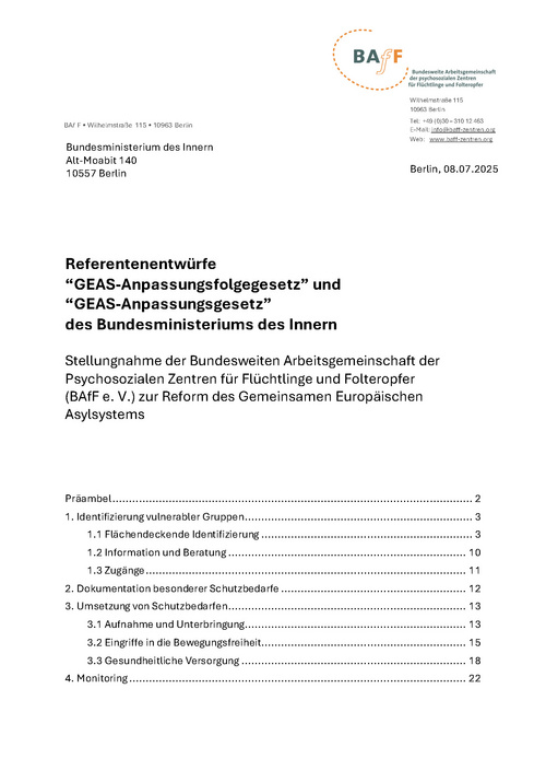 Cover BAfF Stellungnahme GEAS Anpassungsgesetze