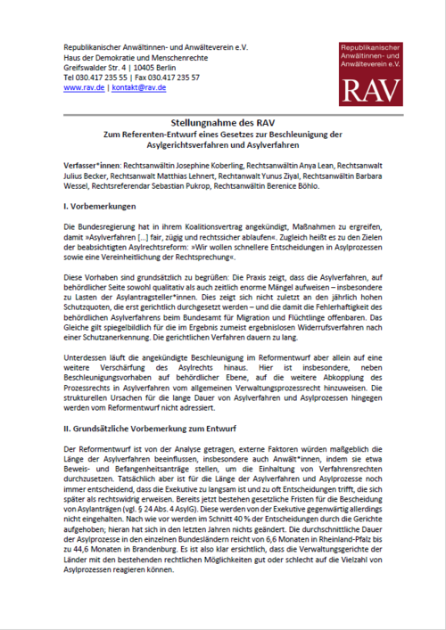 RAV Stellungnahme zum Refrentenentwurf Gesetz zur Beschleunigung von Asylverfahren